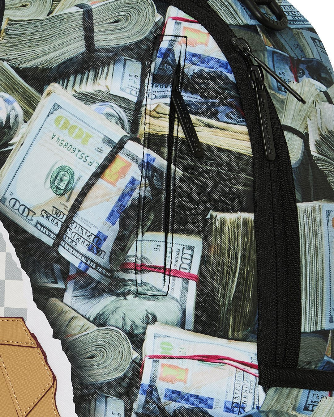 CREAM CHECK FULL OF CASH BACKPACK-תיק גב משבצות לבן ודולרים